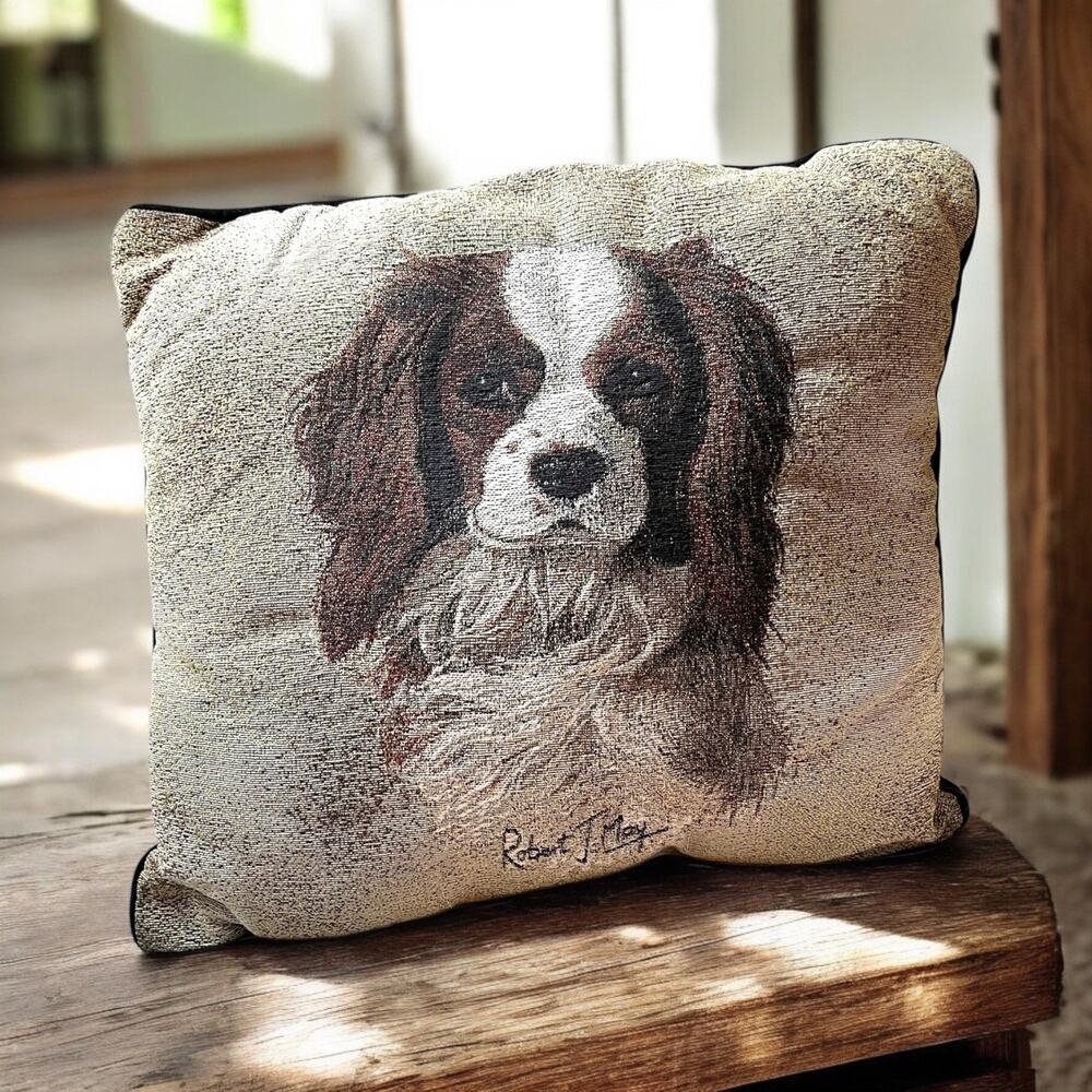 VINTAGE TAPESTRY Pillow Cavalier King Charles Spaniel Robert J May Signed